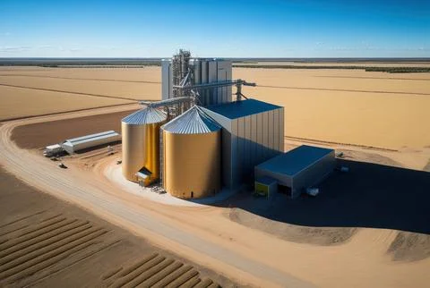 Aerial view of a metal elevator for drying wheat in an agricultural zone and Stock Illustration