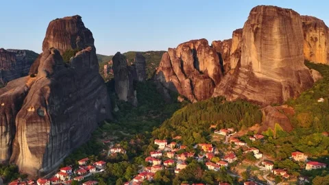 Aerial view of Meteora cliffs and Kastraki village in Meteora, Greece. Europe Stock Footage 320302606