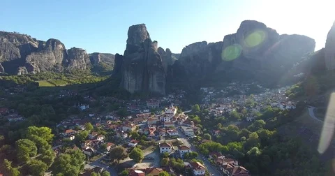Aerial view of Meteora cliffs - Greece - 4K footage Stock Footage 81389008
