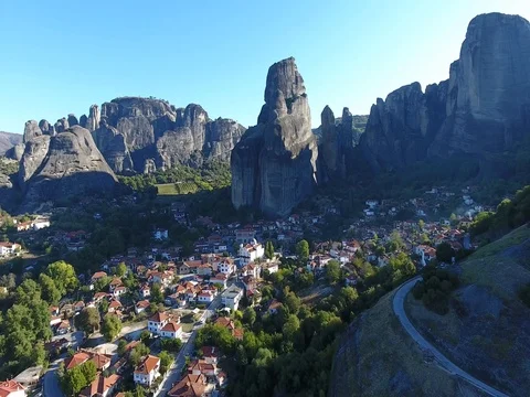 Aerial view of Meteora cliffs - Greece - 4K footage Stock Footage 81389184