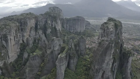 Aerial view of Meteora cliffs. Meteora mountains monastery. Kalabaka, Greece Stock Footage 124128015