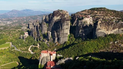 Aerial View of Meteora Monasteries on Dramatic Clifftop Formations in Greece Video stock 348191343