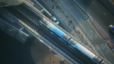 Aerial View of Metro Train and Traffic in Dubai, United Arab Emirates, no log Stock Footage 303435430