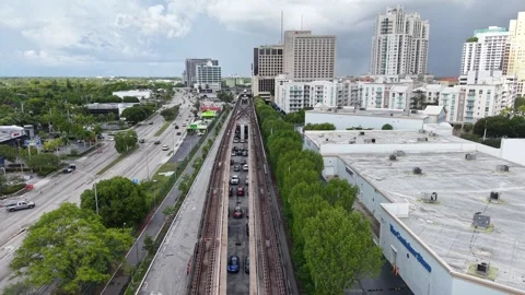 Aerial View Metrorail Train Passing Through Kendall Florida Storm June 25th 2025 Stock Footage 311942172