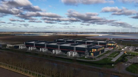 Aerial view of Microsoft Agriport Data Centre, Netherlands. Stock Footage 325716301