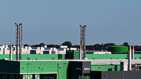 Aerial view of Microsoft Data Center in Middenmeer, Netherlands. Stock Footage 345002531