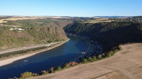 Aerial View of Middle Rhine Valley with Loreley and Dry Fields Stock Footage 342134253