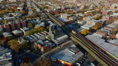 Aerial view of Midwood Brooklyn with elevated train tracks, ProRes 422HQ footage Stock Footage 331358570