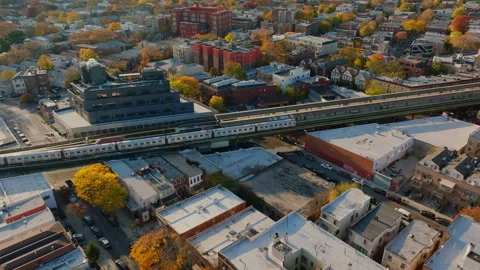 Aerial view of Midwood Brooklyn with elevated train tracks, ProRes 422HQ Stock Footage 331359342