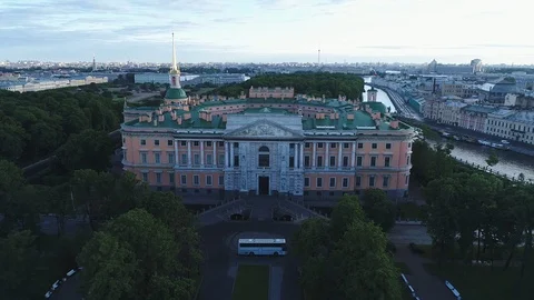 Aerial view on Mikhailovsky Castle in cloudy morning in Saint-Petersburg. Stock Footage 100690186