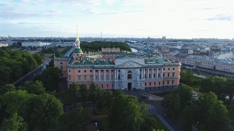 Aerial view on Mikhailovsky Castle in cloudy morning in Saint-Petersburg. Stock Footage 100690255