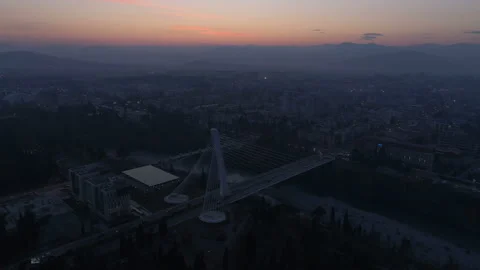 Aerial view of Millennium bridge over Moraca river in Podgorica Stock Footage 123158024
