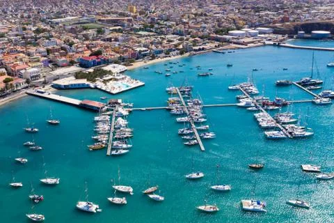 Aerial view of Mindelo Marina in Sao Vicente Island in Cape Verde Stock Photos