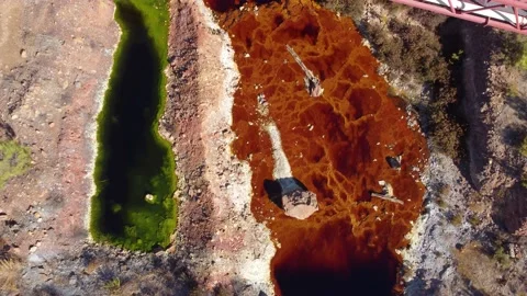 Aerial view of Mining activity. Polluted river and water. Apocalypse scenery Stock Footage 221826698