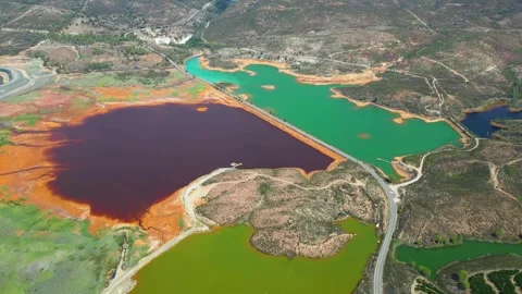 Aerial view of Mining activity. Polluted river and water. Apocalypse scenery Stock Footage 259194025