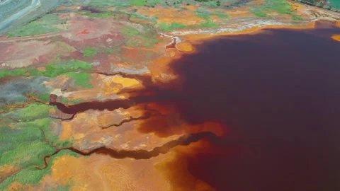Aerial view of Mining activity. Polluted river and water. Apocalypse scenery Stock Footage 259194099