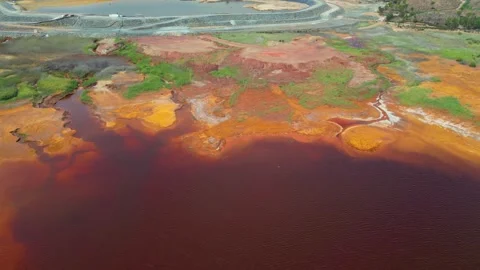 Aerial view of Mining activity. Polluted river and water. Apocalypse scenery Stock Footage 259194148