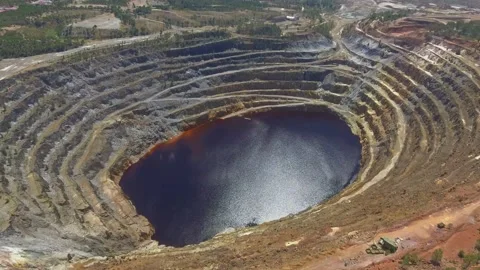 Aerial view of mining exploitation in Riotinto 4k Stock Footage 143646701