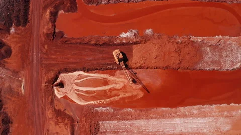 Aerial view of the mining of red clay. Industrial machines work in mining. 動画素材 145528469