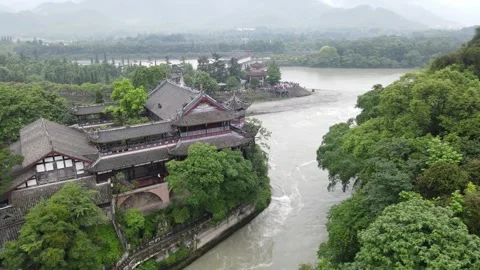 Aerial View of Minjiang River Ancient Building and Forest Scenery in Dujiangyan Stock Footage 337927144