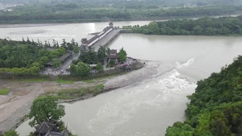 Aerial View of Minjiang River Diversion Long Bridge and Beach in Dujiangyan Stock Footage 337927475