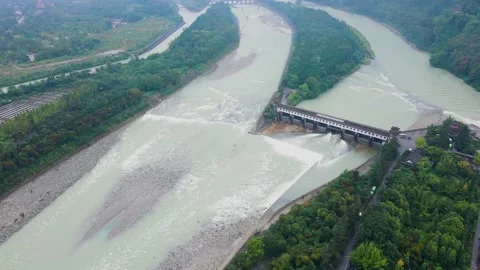 Aerial View of Minjiang River Fork Channel and Long Bridge in Dujiangyan China Video stock 337927175