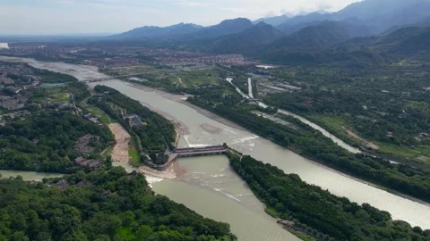 Aerial View of Minjiang River Multi Fork Channel and Distant Mountain in 스톡 동영상 337927543
