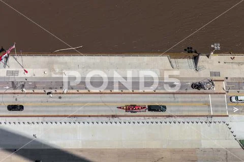 Aerial view of the Mississippi River and the S Leonor K Sullivan Boulevard fr Stock Photos