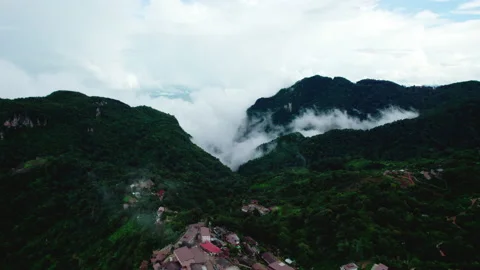 Aerial view of mist, cloud and fog hanging over a lush tropical rainforest Stock Footage 236340992