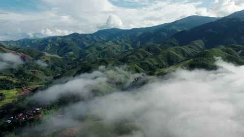 Aerial view of mist, cloud and fog hanging over a lush tropical rainforest Stock Footage 236342612