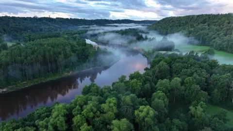 Aerial View of Misty Gauja River Valley Surrounded by Forests Stockbeeldmateriaal 345089882