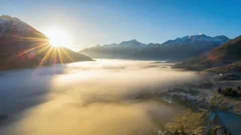 Aerial View of Misty Mountain Valley at Sunrise Stock Footage 312112042