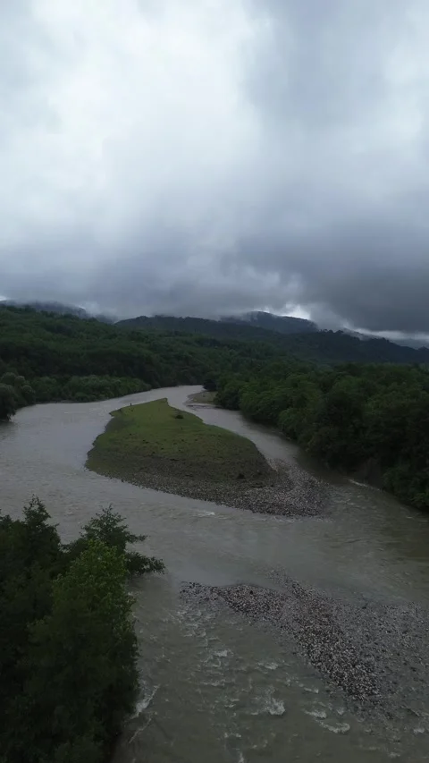 Aerial view of misty mountains over Tekhuri river Stock Footage 343671052