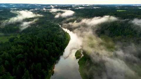 Aerial view of a misty river flowing through dense green forest at dawn. Stock-Footage 341390746