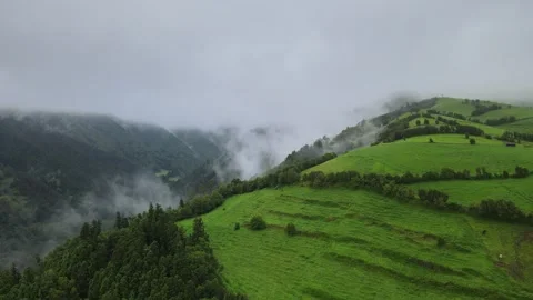 Aerial View of Misty Spring Landscape of São Miguel, Azores Stock Footage 300604785