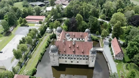 Aerial view, moated castle Mitwitz, Kronach district, Upper Franconia, Bavari Stock Footage 181434481