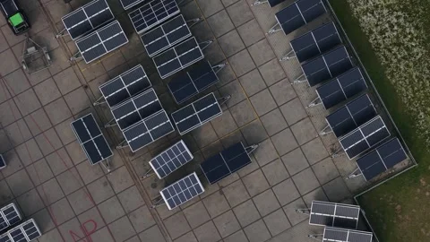 Aerial View of Mobile Solar Installation Charging Battery Storage Stock Footage 342610448