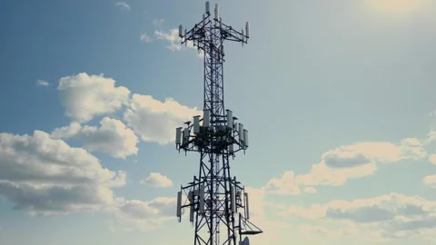 Aerial view on Mobile Tower installation. Cell site and Telecom Base Station. Stock Footage 252142436