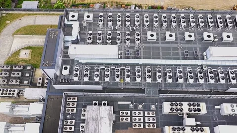 Aerial view of modern ai data center cooling system Stock Footage 341327739