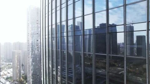 Aerial view of modern architecture with full glass wall Stock Footage 165877958