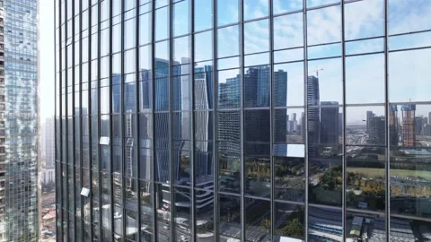 Aerial view of modern architecture with full glass wall Stock Footage 165878178