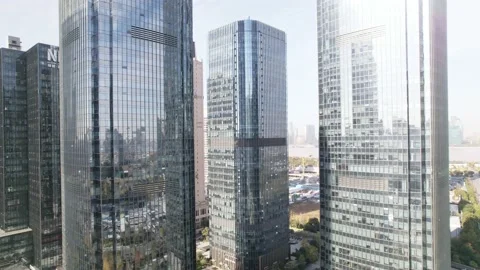 Aerial view of modern architecture with full glass wall Stock Footage 165878234