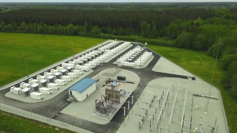 Aerial View of Modern Battery Storage Containers for Renewable Energy Видео 336651624