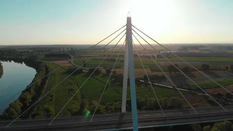 Aerial view of a modern bridge over a river in northern Italy. Stock Footage 132862057