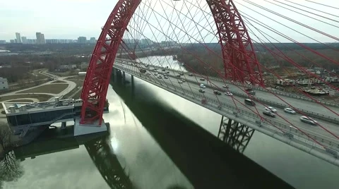 Aerial view of modern cable-stayed Zhivopisny   bridge over Moskva River, Moscow Stock Footage 61950253