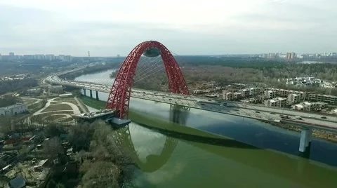 Aerial view of modern cable-stayed Zhivopisny   bridge over Moskva River, Moscow Stock Footage 61950255