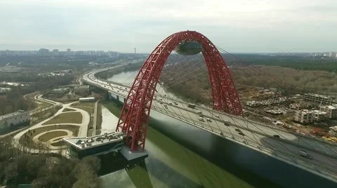 Aerial view of modern cable-stayed Zhivopisny   bridge over Moskva River, Moscow Stock Footage 61950262