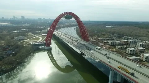 Aerial view of modern cable-stayed Zhivopisny   bridge over Moskva River, Moscow Stock Footage 61950263