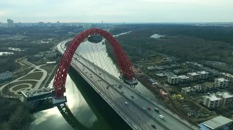 Aerial view of modern cable-stayed Zhivopisny bridge over Moskva River. Moscow, Stock Footage 61950271