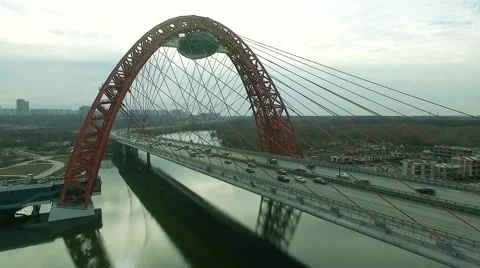 Aerial view of modern cable-stayed Zhivopisny bridge over Moskva River Stock Footage 61950286